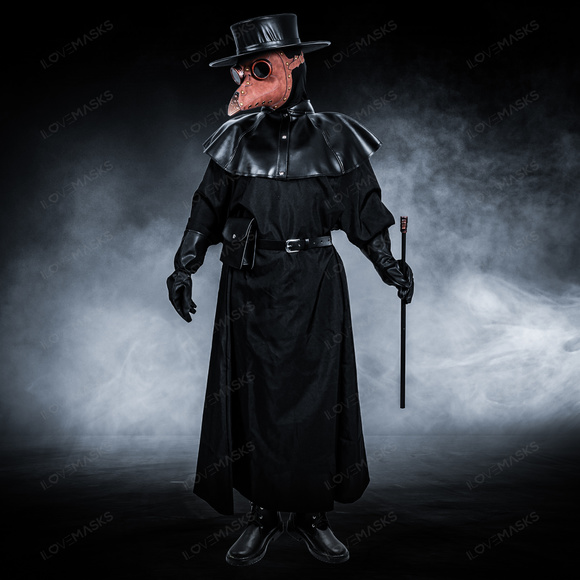 Plague Doctor with Bird Beak Mask & Flat Hat Full Costume Set - Brown